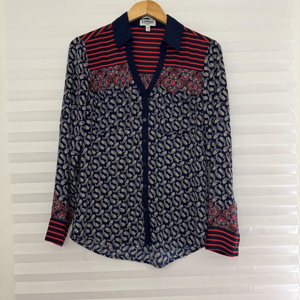 Express‎ The Portofino Shirt Slim Fit Navy Paisley Striped Floral Blouse Medium